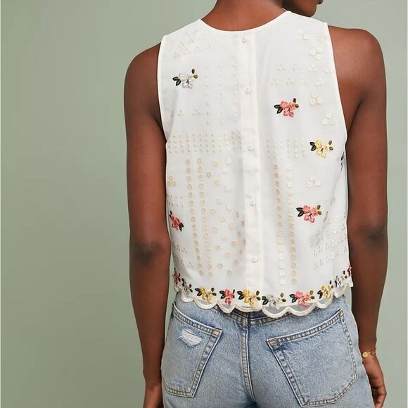 NWT Anthro Sahil Kochhar Whote Dylan Embroidered Button Back Mesh Tank Top XS - Picture 2 of 10